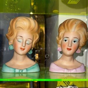Vintage Style Ceramic Head Vases Bust 1960s Pastel Accents Pair